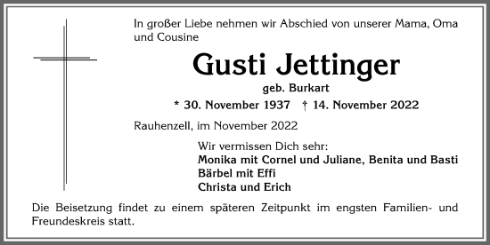 Traueranzeige von Gusti Jettinger von Allgäuer Anzeigeblatt