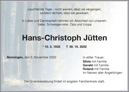 Traueranzeige von Hans-Christoph Jütten von Memminger Zeitung