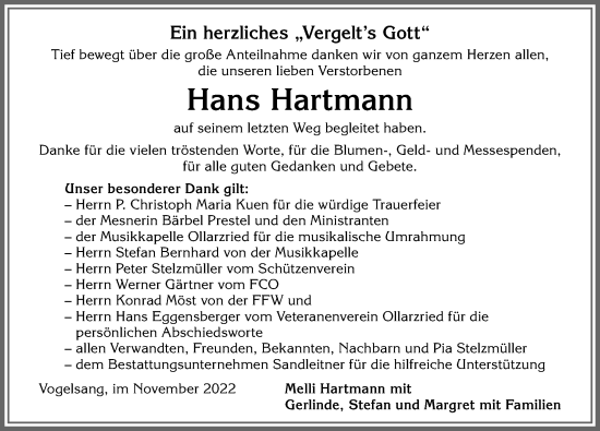 Traueranzeige von Hans Hartmann von Memminger Zeitung