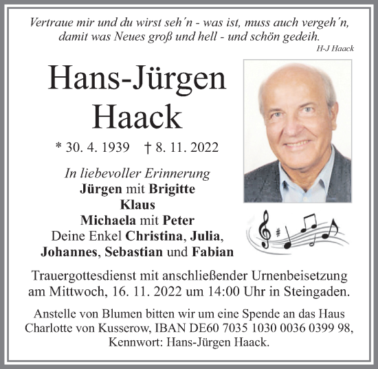 Traueranzeige von Hans-Jürgen Haack von Allgäuer Zeitung, Füssen
