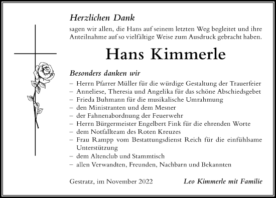 Traueranzeige von Hans Kimmerle von Der Westallgäuer