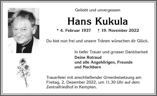 Traueranzeige von Hans Kukula von Allgäuer Zeitung,Kempten
