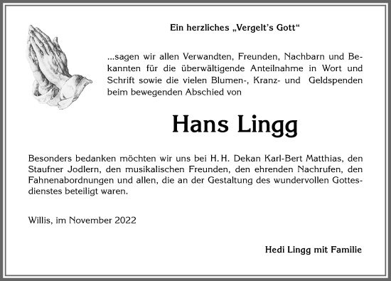 Traueranzeige von Hans Lingg von Der Westallgäuer
