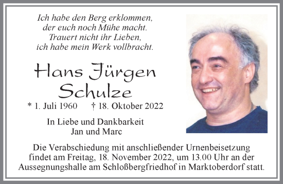 Traueranzeige von Hans Jürgen Schulze von Allgäuer Zeitung, Marktoberdorf
