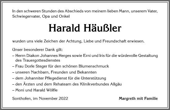 Traueranzeige von Harald Häußler von Allgäuer Anzeigeblatt