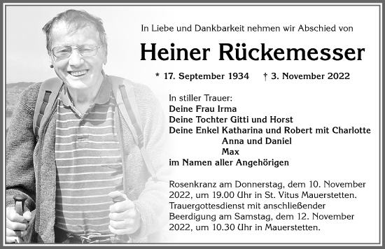 Traueranzeige von Heiner Rückemesser von Allgäuer Zeitung, Kaufbeuren/Buchloe