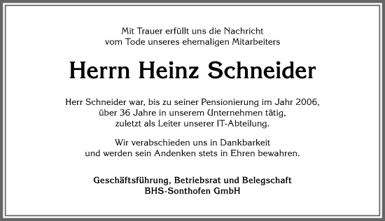 Traueranzeige von Heinz Schneider von Allgäuer Anzeigeblatt