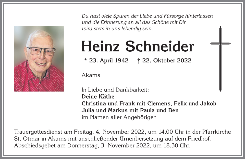  Traueranzeige für Heinz Schneider vom 02.11.2022 aus Allgäuer Anzeigeblatt