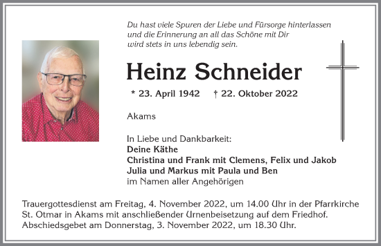 Traueranzeige von Heinz Schneider von Allgäuer Anzeigeblatt