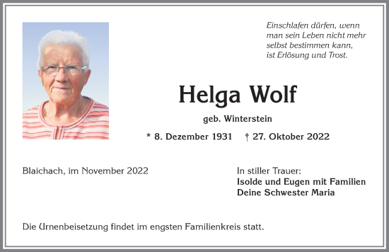 Traueranzeige von Helga Wolf von Allgäuer Anzeigeblatt