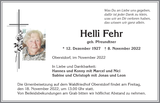 Traueranzeige von Helli Fehr von Allgäuer Anzeigeblatt