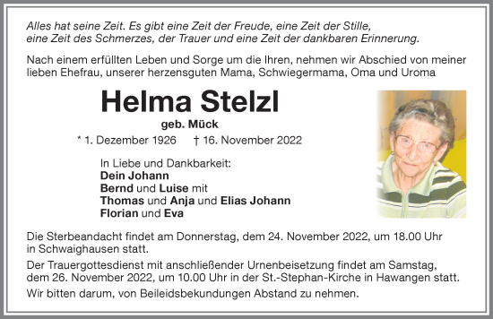 Traueranzeige von Helma Stelz von Memminger Zeitung