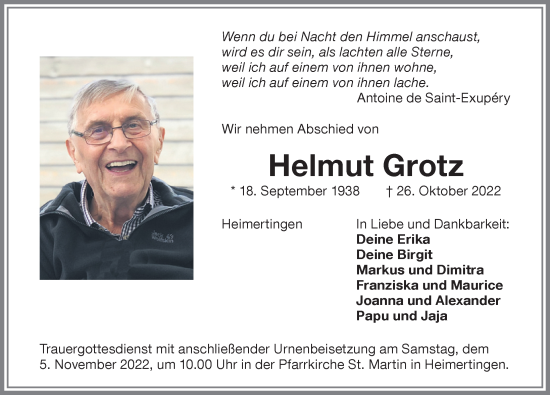 Traueranzeige von Helmut Grotz von Memminger Zeitung