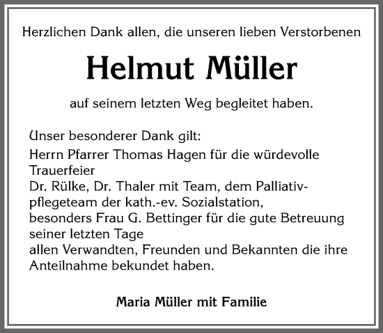 Traueranzeige von Helmut Müller von Allgäuer Zeitung, Kaufbeuren/Buchloe