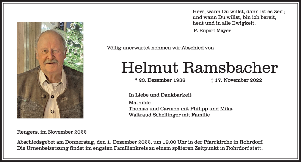  Traueranzeige für Helmut Ramsbacher vom 26.11.2022 aus Der Westallgäuer