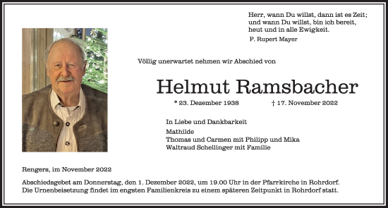 Traueranzeige von Helmut Ramsbacher von Der Westallgäuer