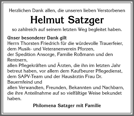 Traueranzeige von Helmut Satzger von Allgäuer Zeitung, Marktoberdorf