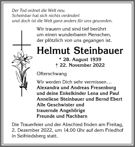 Traueranzeige von Helmut Steinbauer von Allgäuer Anzeigeblatt