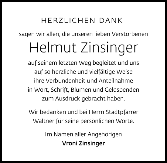 Traueranzeige von Helmut Zinsinger von Allgäuer Zeitung, Kaufbeuren/Buchloe
