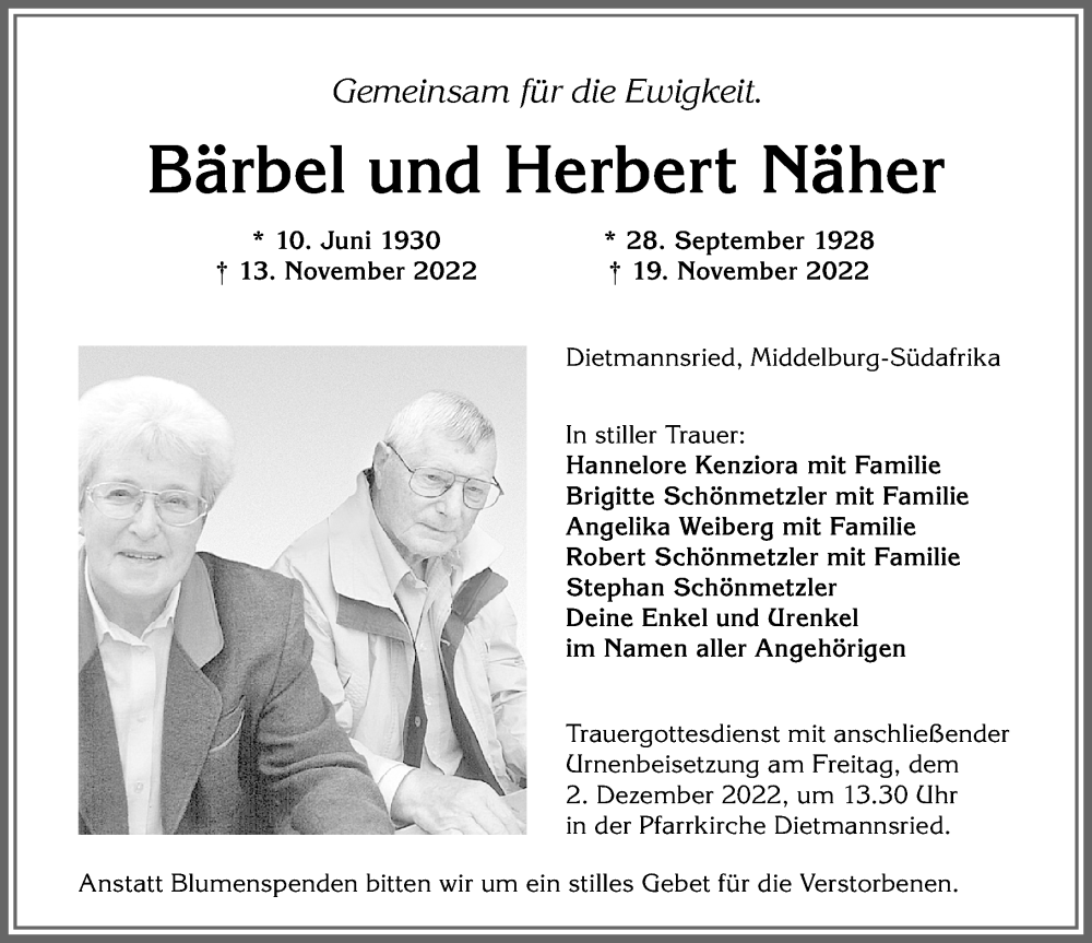  Traueranzeige für Herbert Näher vom 26.11.2022 aus Allgäuer Zeitung,Kempten
