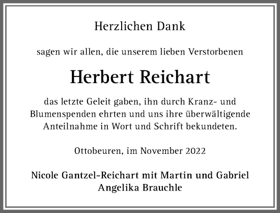 Traueranzeige von Herbert Reichart von Memminger Zeitung