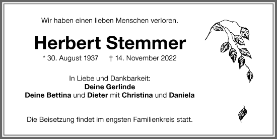 Traueranzeige von Herbert Stemmer von Memminger Zeitung