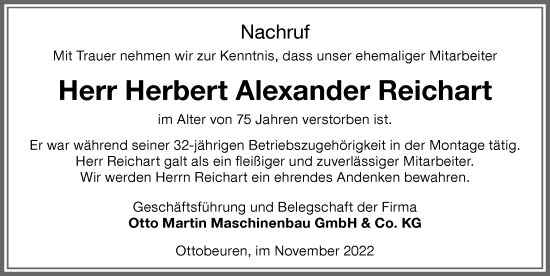 Traueranzeige von Herbert Alexander Reichart von Memminger Zeitung