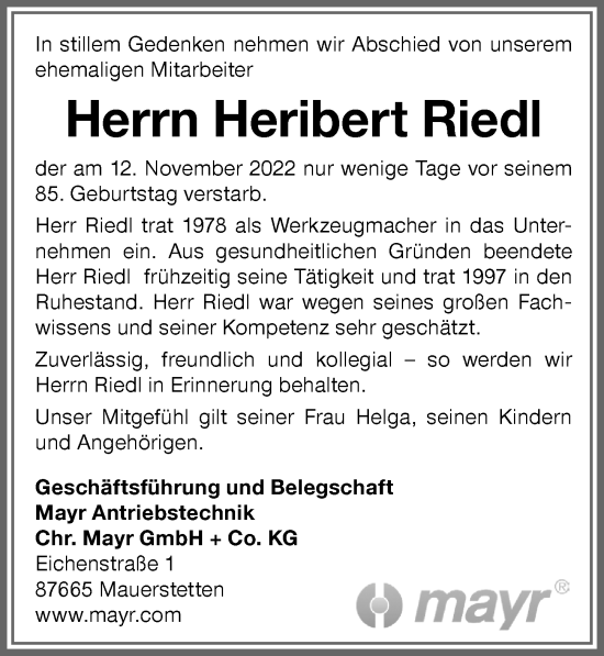 Traueranzeige von Heribert Riedl von Allgäuer Zeitung, Kaufbeuren/Buchloe