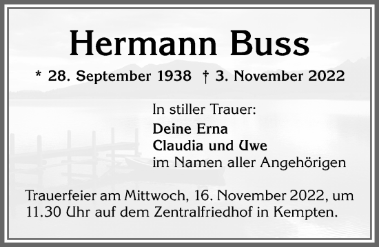 Traueranzeige von Hermann Buss von Allgäuer Zeitung,Kempten