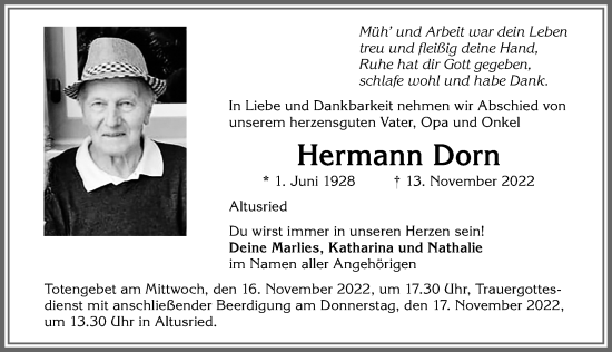 Traueranzeige von Hermann Dorn von Allgäuer Zeitung,Kempten