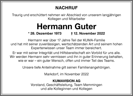 Traueranzeige von Hermann Guter von Memminger Zeitung