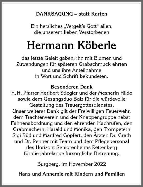 Traueranzeige von Hermann Köberle von Allgäuer Anzeigeblatt