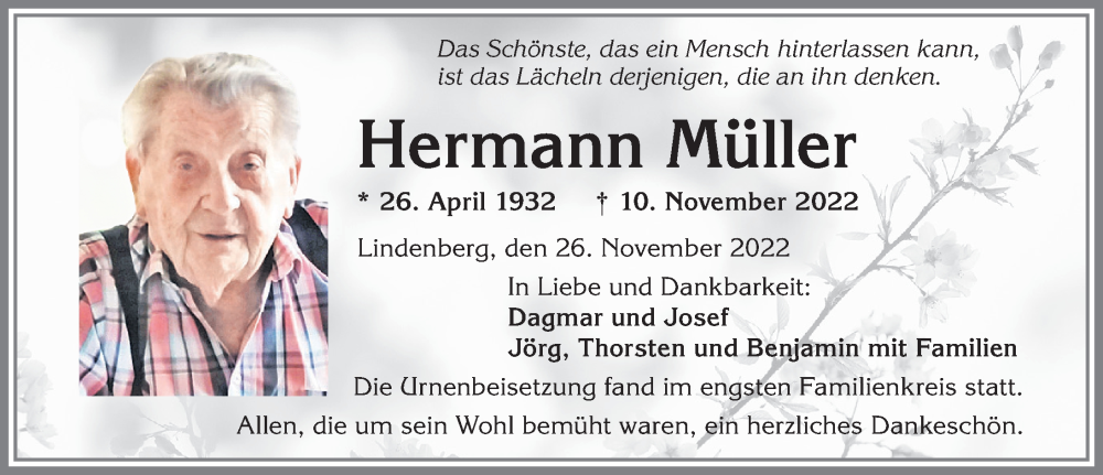  Traueranzeige für Hermann Müller vom 26.11.2022 aus Allgäuer Zeitung, Kaufbeuren/Buchloe