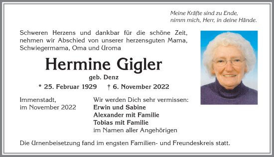 Traueranzeige von Hermine Gigler von Allgäuer Anzeigeblatt