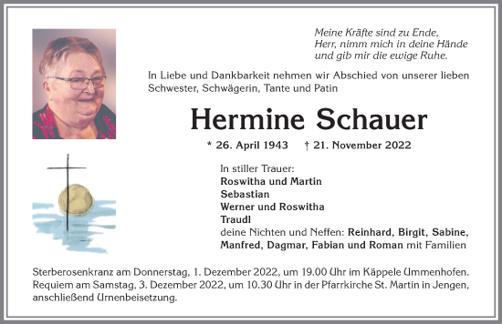 Traueranzeige von Hermine Schauer von Allgäuer Zeitung, Kaufbeuren/Buchloe