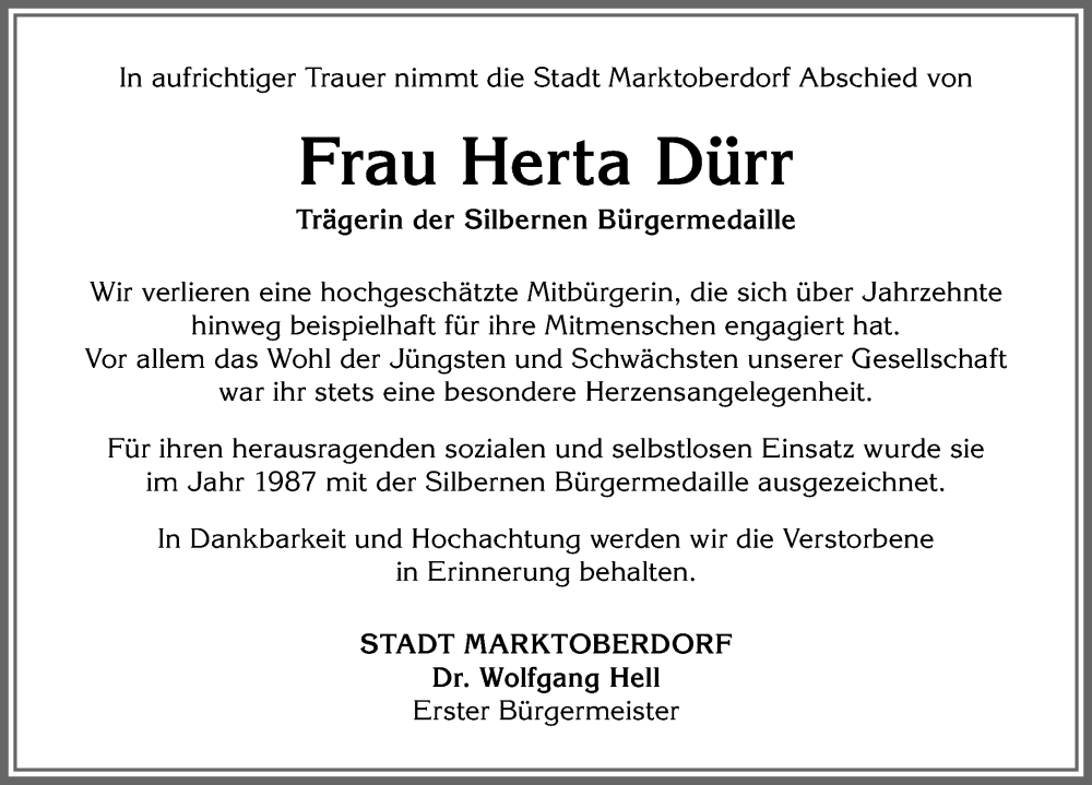  Traueranzeige für Herta Dürr vom 24.11.2022 aus Allgäuer Zeitung, Marktoberdorf