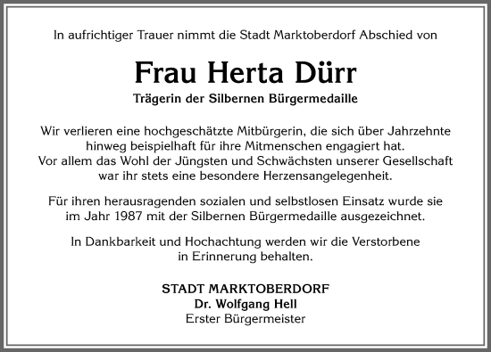 Traueranzeige von Herta Dürr von Allgäuer Zeitung, Marktoberdorf