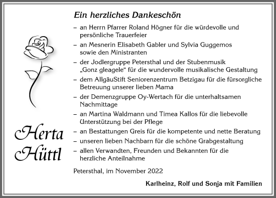 Traueranzeige von Herta Hüttl von Allgäuer Zeitung,Kempten
