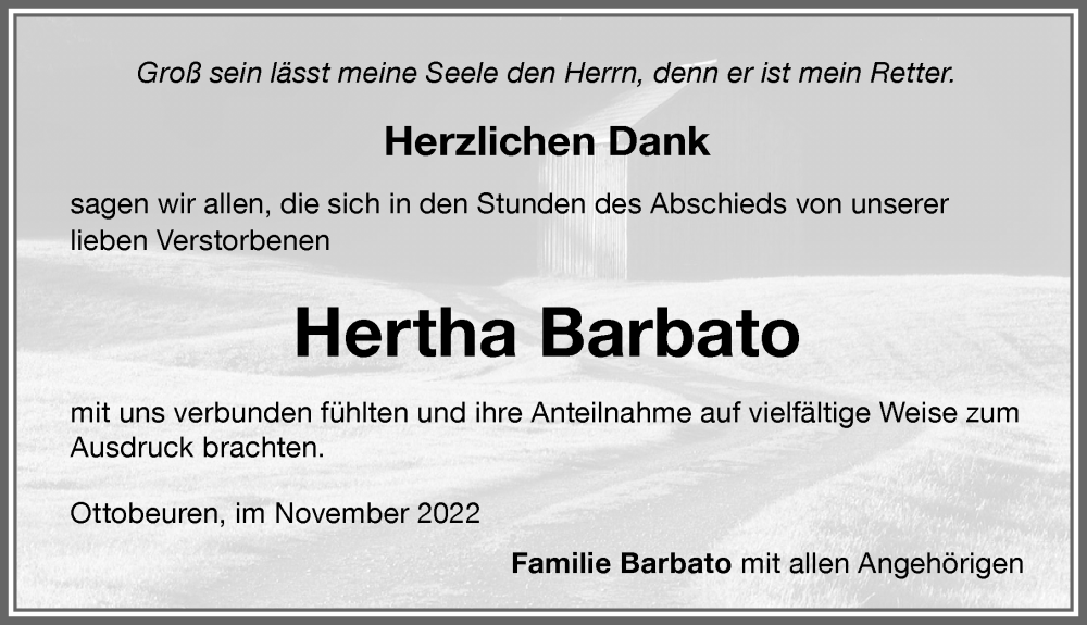  Traueranzeige für Hertha Barbato vom 02.11.2022 aus Allgäuer Zeitung, Kaufbeuren/Buchloe