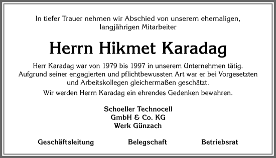 Traueranzeige von Hikmet Karadag von Allgäuer Zeitung, Marktoberdorf