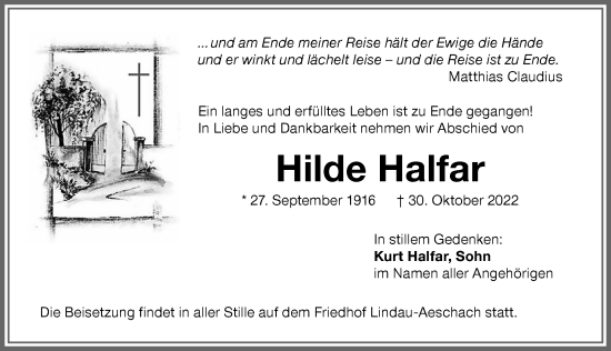Traueranzeige von Hilde Halfar von Memminger Zeitung