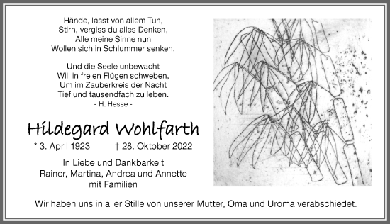 Traueranzeige von Hildegard Wohlfarth von Allgäuer Zeitung, Füssen