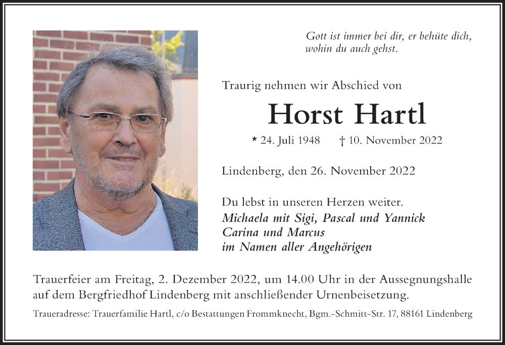  Traueranzeige für Horst Hartl vom 26.11.2022 aus Der Westallgäuer