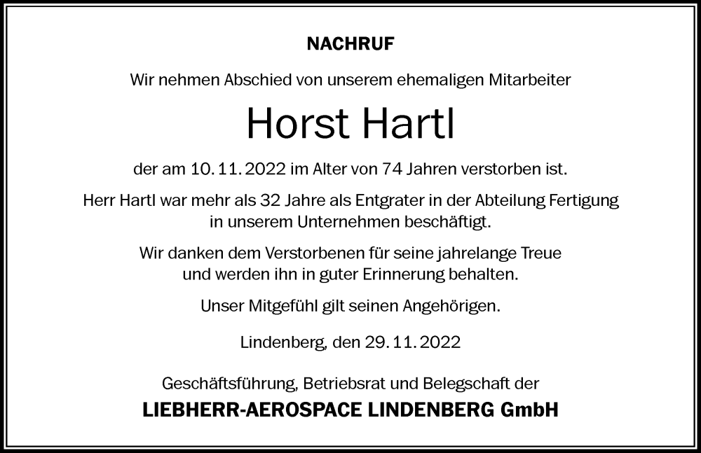  Traueranzeige für Horst Hartl vom 29.11.2022 aus Der Westallgäuer
