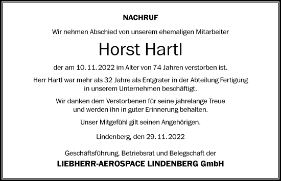Traueranzeige von Horst Hartl von Der Westallgäuer