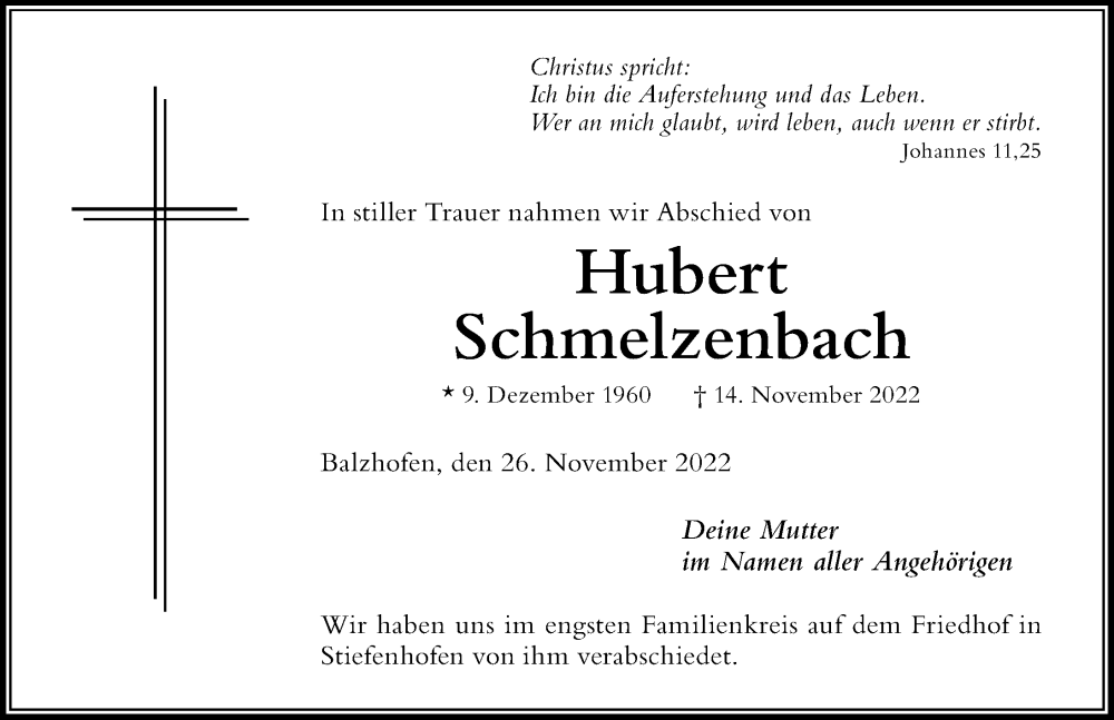  Traueranzeige für Hubert Schmelzenbach vom 26.11.2022 aus Der Westallgäuer