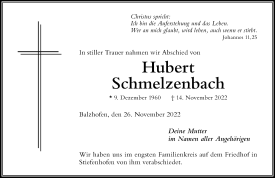 Traueranzeige von Hubert Schmelzenbach von Der Westallgäuer