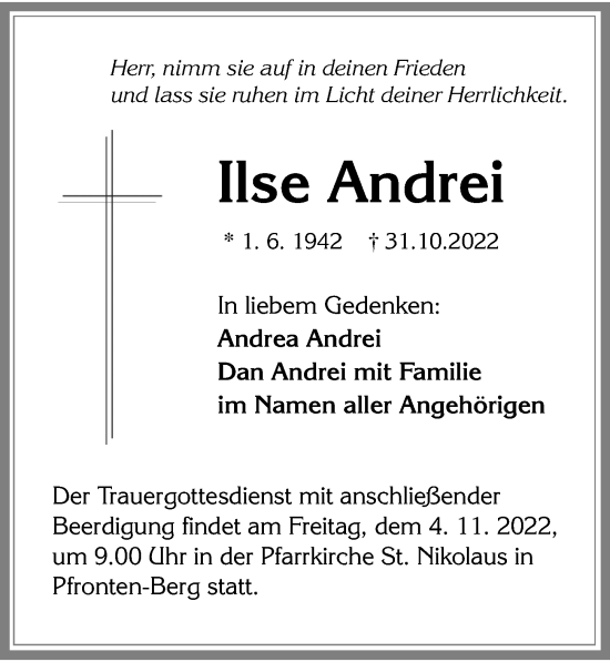 Traueranzeige von Ilse Andrei von Allgäuer Zeitung, Füssen