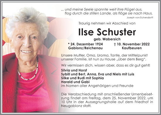 Traueranzeige von Ilse Schuster von Allgäuer Zeitung, Kaufbeuren/Buchloe