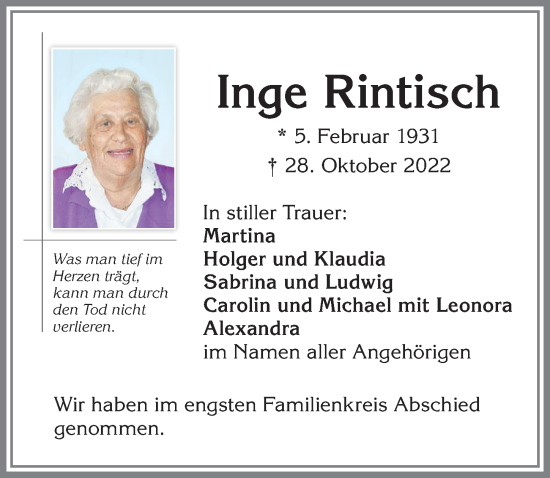 Traueranzeige von Inge Rintisch von Allgäuer Zeitung,Kempten